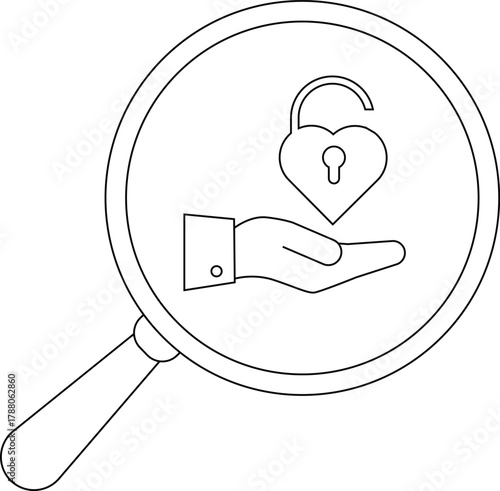Magnifying glass revealing open heart lock held in hand