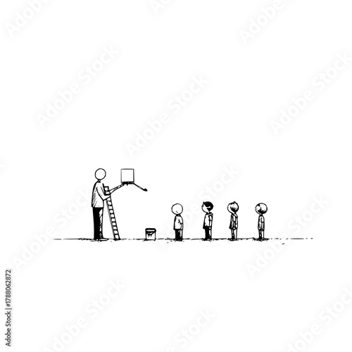 Stick figure on ladder holding box above paint can and line of people in black and white drawing style