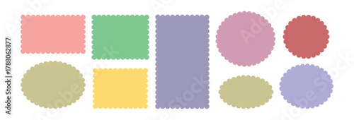 Set of colorful zigzag edges. Silhouette stickers circle, square, oval and rectangle labels. Zigzag and colorful Shapes. Cloudy wave curve edge frame vector set