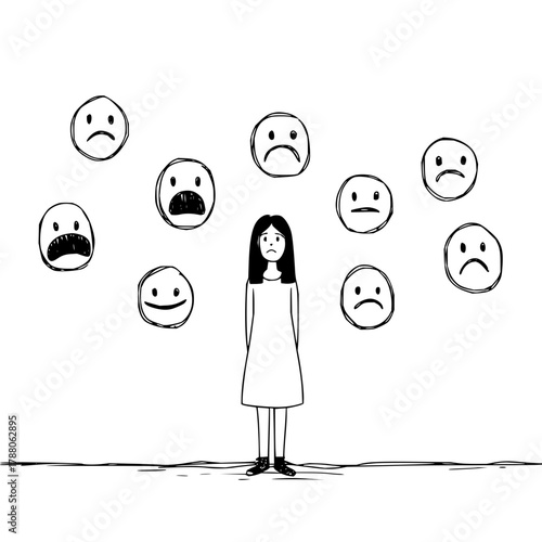 A girl standing surrounded by floating emoticons displaying various emotions in a monochrome illustration