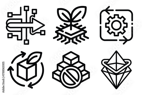 Modern technology, sustainability, data processing, and blockchain icon collection