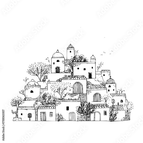 Hand drawn illustration of a hillside village with white buildings and trees in black and white style
