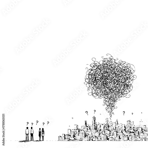Illustration of people with question marks looking at a city with a thought cloud above it in black and white