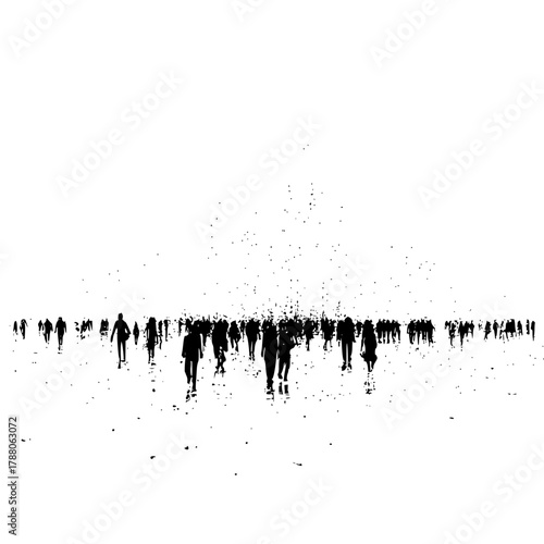 Silhouette of a large group of people walking towards the viewer in a monochrome black and white image