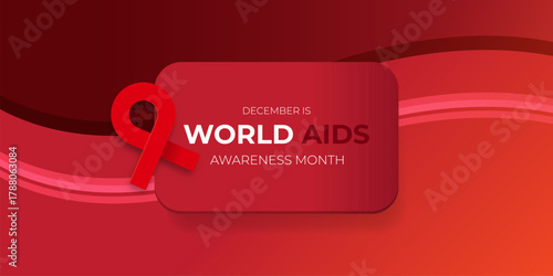 World AIDS awareness month banner with red ribbon. World HIV awareness month starts in December. Red ribbon with text isolated on red background. World AIDS Day December 1st