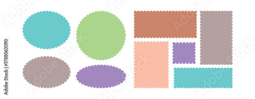 Set of colorful zigzag edges. Silhouette stickers circle, square, oval and rectangle labels. Zigzag and colorful Shapes. Cloudy wave curve edge frame vector set