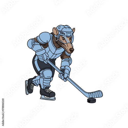 Wolverine is an ice hockey player wearing uniform with hockey stick and ice hockey puck