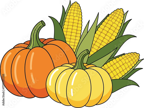 Pumpkins and corn cobs for thanksgiving day