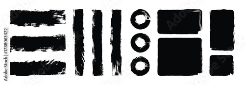 Big collection of black  vector paint brush, ink brush strokes, brushes, lines, circle. Dirty artistic boxes, frames. Vector illustration.