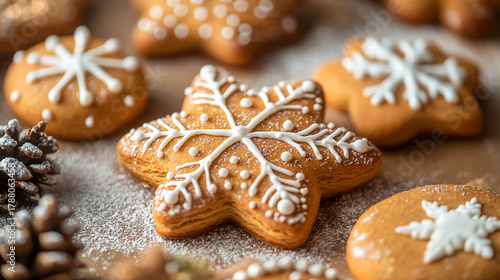 Gingerbread cookies in the shape of snowflakes and stars, decorated with white icing. Elements of holiday decor are visible in the foreground.