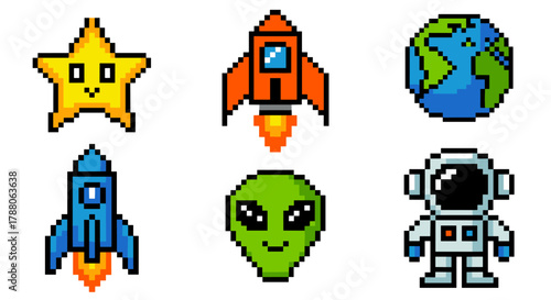 Pixel art space icons set with star, rockets, earth, alien head, and astronaut in bright retro arcade style