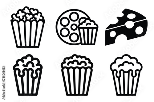 Set of popcorn, film reel and cheese snack icons for cinema and entertainment
