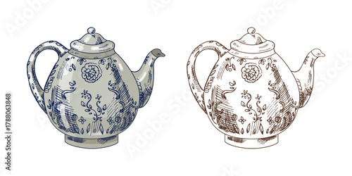 Hand drawn vintage set of ornate teapots with floral pattern in blue and monochrome brown color