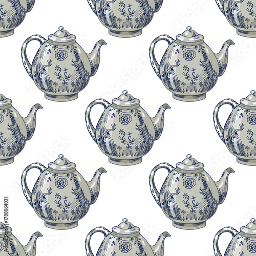 Hand drawn vintage seamless pattern of blue porcelain teapots with floral decoration, isolated vector illustration