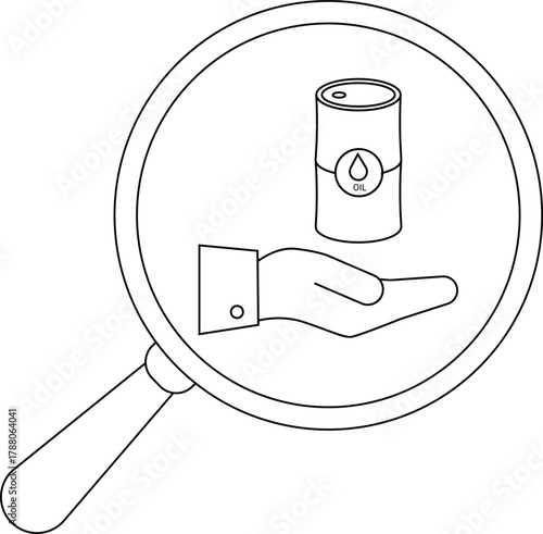 Oil barrel on palm seen through magnifying glass outline