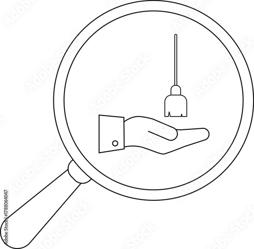 Magnifying glass view of a hand presenting a mop