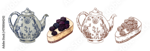 Hand drawn vintage sketch of porcelain teapot and blackberry cheesecake dessert, isolated vector illustration