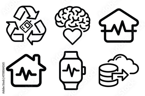Modern smart technology, health monitoring, data management, and eco-friendly icons
