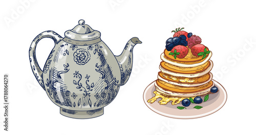 Hand drawn vintage sketch of porcelain teapot and pancakes with berries and honey, isolated vector illustration