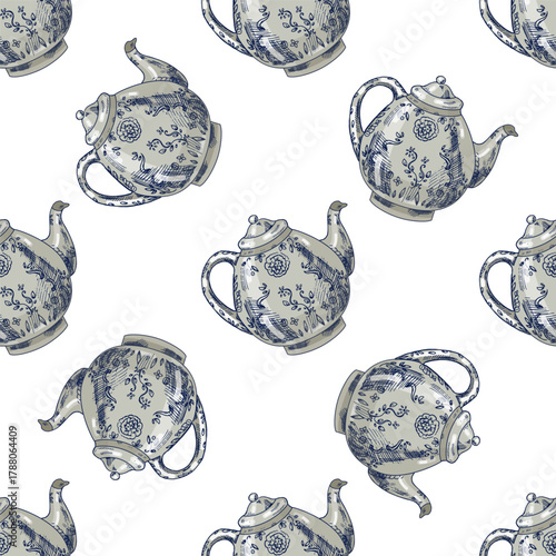 Hand drawn vintage seamless pattern of blue porcelain teapots with floral decoration, isolated vector illustration