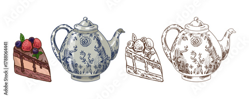 Hand drawn vintage sketch of porcelain teapot and chocolate cake with berries in color and monochrome version, isolated vector illustration