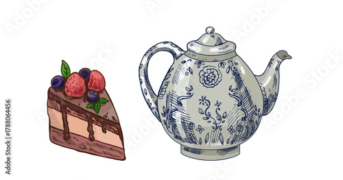 Hand drawn vintage sketch of porcelain teapot with chocolate cake and berries, isolated vector illustration