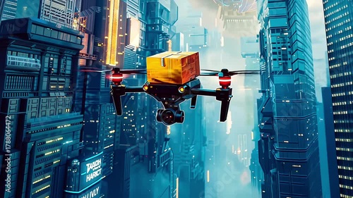 Autonomous drone delivering package in futuristic city with glowing skyscrapers showcasing modern delivery technology and urban innovation
