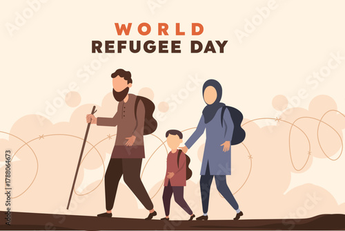 The image depicts a refugee family (a man, a woman wearing a hijab, and a child) on a challenging journey of displacement. All are carrying backpacks and navigating an environment that suggests hardsh