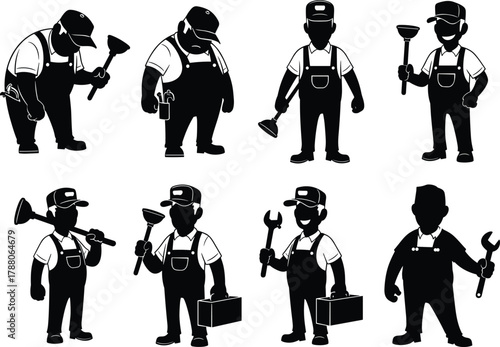 Plumber silhouettes, mechanic workers, wrench tools, toolbox icons, tradesman professions, plumbing repair service illustrations, flat vector