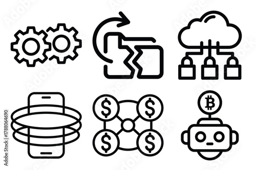 Digital technology, data security, mobile, and cryptocurrency outline icons