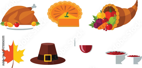 Thanksgiving day set with turkey, pie, cornucopia