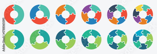 Colorful puzzle circle stages. Diagram infographic set. Circle vector 2, 3, 4, 5, 6, 7 parts. Colorful diagram template. Process, stages, segment or step. vector illustration. 