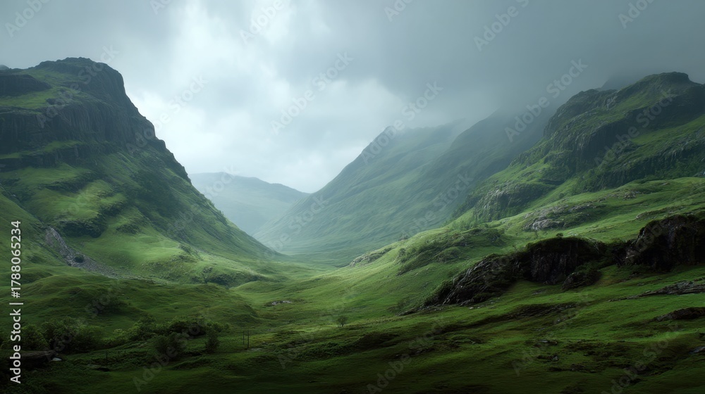 Fototapeta premium Serene Green Valley Amidst Misty Mountains Under Cloudy Sky, Enchanting Landscape Photography for Nature Lovers and Travel Enthusiasts
