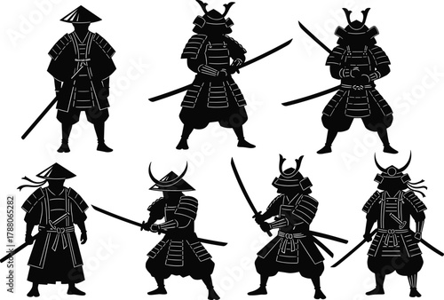 Samurai silhouettes in warrior poses, traditional Japanese fighters with swords, historical combat icons, martial culture flat vector