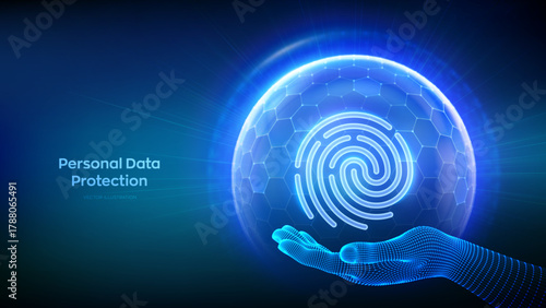 Personal data protection. Biometrics identification. Cyber security. Password control. Fingerprint icon inside transparent sphere shield with hexagon pattern in wireframe hand. Vector illustration.