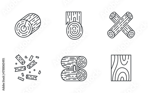 Set of linear icons of different types of wood isolated
