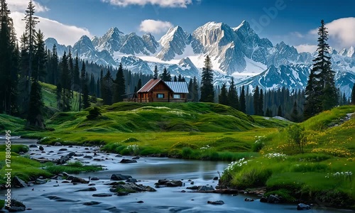 Serene mountain cabin retreat nestled amidst lush greenery with a flowing river and snow capped peaks in the distance under a bright sky