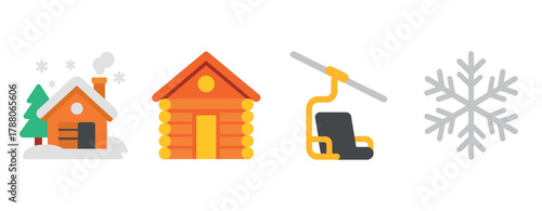 Winter cabin, ski lift, and snowflake icons embracing cozy mountain vibe