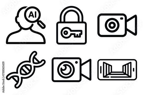 Modern technology icon set: ai, security, video, dna, surveillance, virtual reality