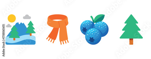 Winter scene, scarf, blueberries, and pine tree icons on white background