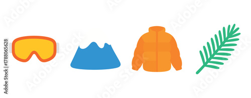 Winter gear and nature icons: goggles, mountain, jacket, palm leaf