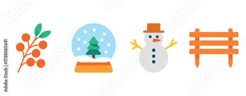 Winter symbols: snow globe, snowman, berries, and fence illustrations