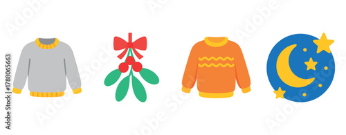 Ugly christmas sweaters, mistletoe, and night sky with moon and stars icon set