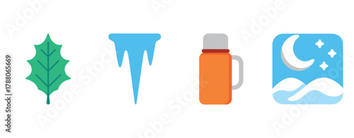 Leaf, icicle, thermos, night landscape icons: nature and travel essentials