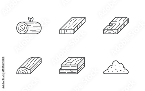 Set of linear icons of different types of wood isolated