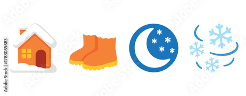 Winter icons: snowy house, boots, crescent moon, snowflakes