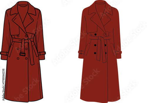 Reddish brown trench coat illustration, double breasted outerwear fashion design, belted garment apparel style, flat vector