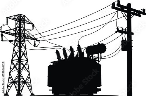 Silhouette vector illustration of electrical transformers and utility poles with wires and insulators—power distribution system, voltage grid, energy infrastructure network