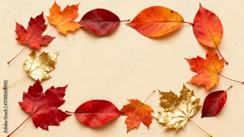 Artistic autumn nature arrangement featuring colorful fallen leaves against a soft beige background. Minimal harvest-themed flat lay.