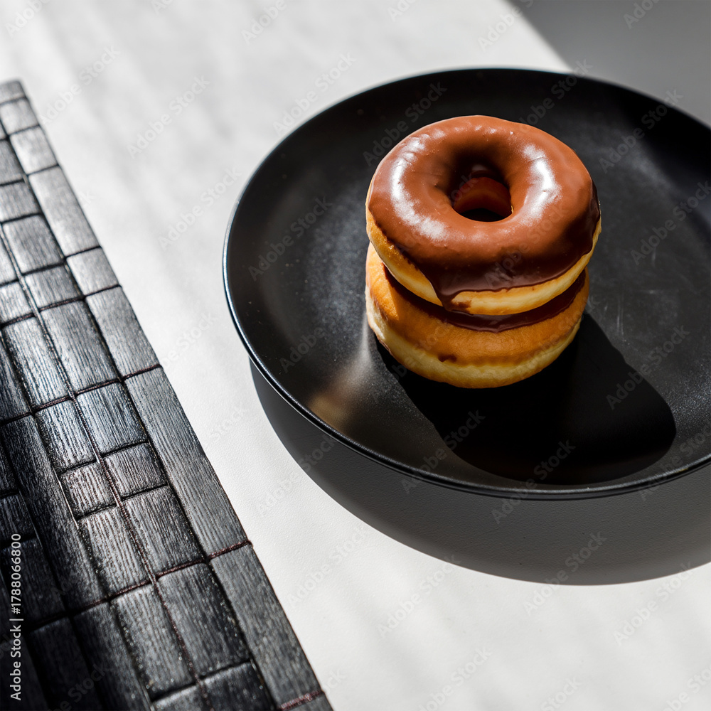 Obraz premium Stack of Two Mini Chocolate Glazed Donuts on a Black Plate